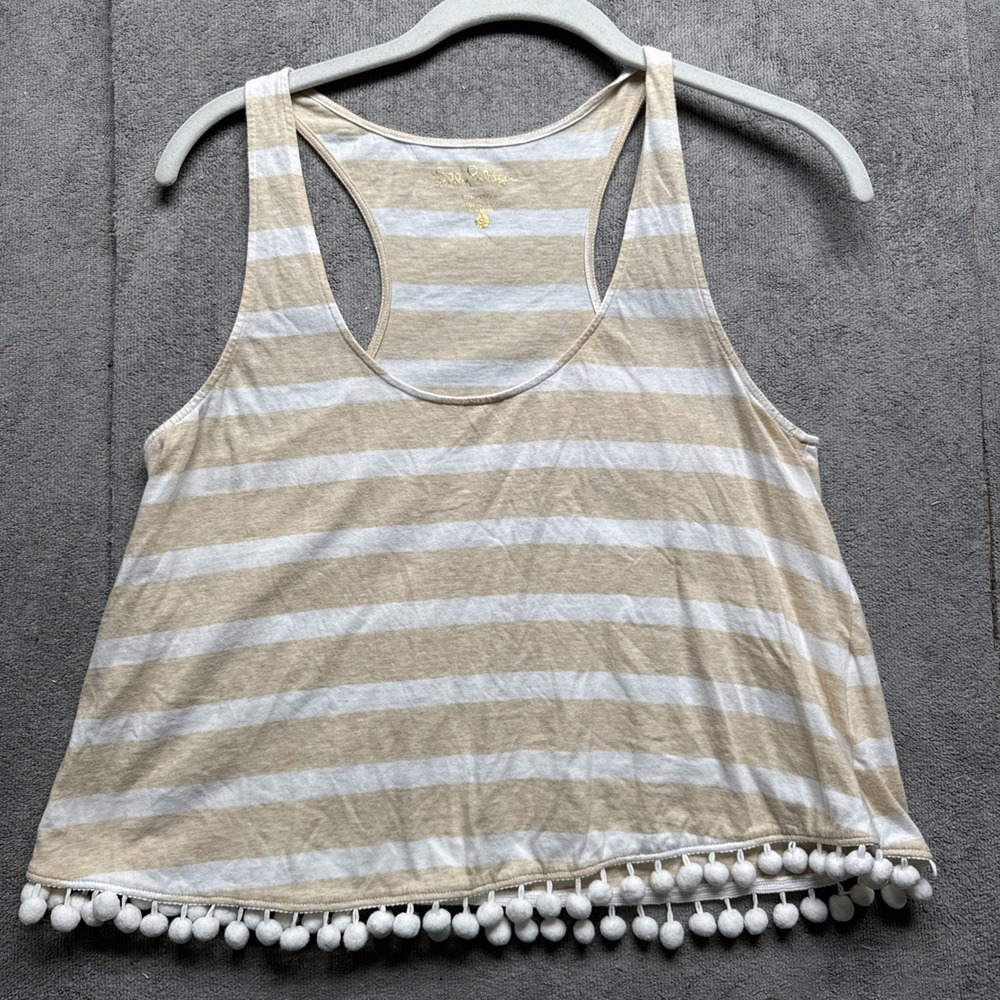 Lilly Pulitzer Tank Top S Beige White‎ Striped Pom Pom Hem Cropped Boho Shirt